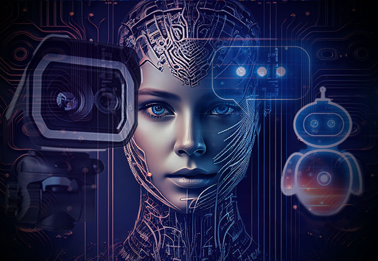 Artificial intelligence surveillance concept with a camera and digital face